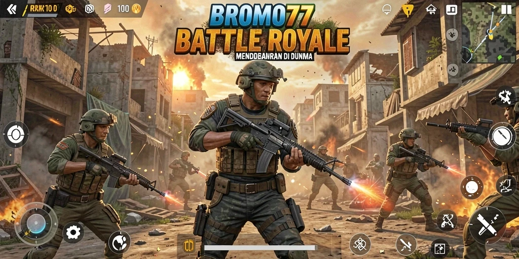 Tampilan gameplay BROMO77 dalam aksi pertempuran Battle Royale.