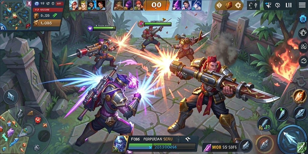 Tangkapan layar gameplay seru FO8 dengan aksi MOBA yang mendebarkan.