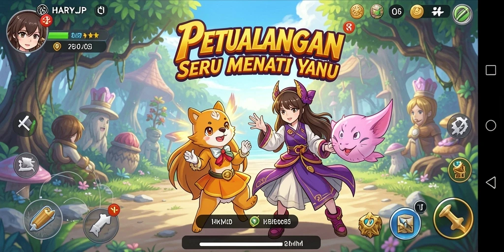 Tampilan gameplay seru dari HARAPJP dengan karakter anime menarik.