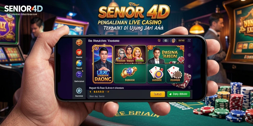 Screenshot gameplay <strong>SENIOR4D</strong> menampilkan dealer langsung dan suasana casino yang mendebarkan.