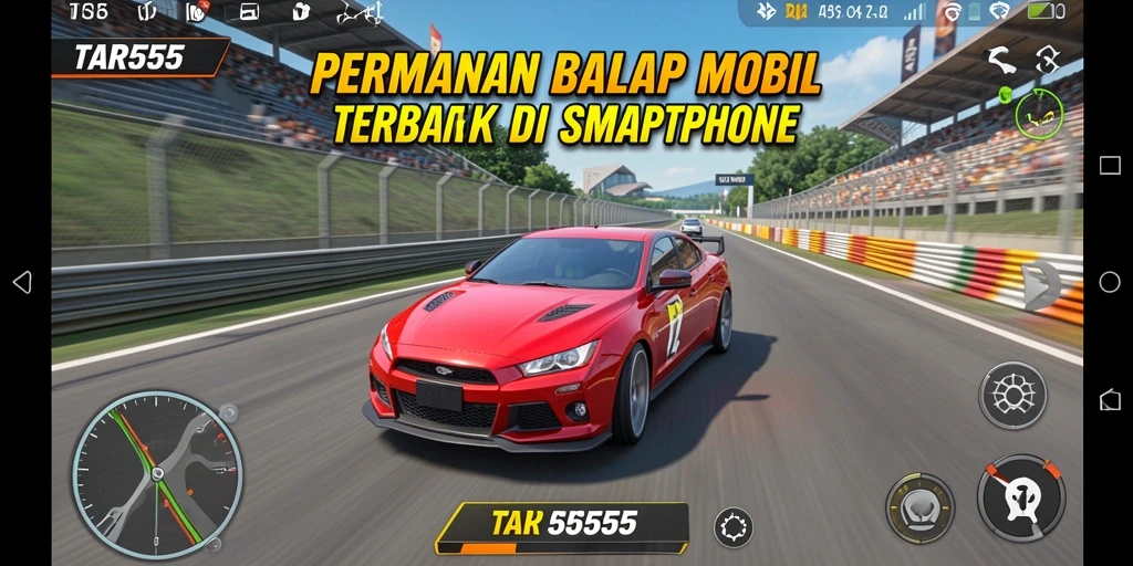 Screenshot TAR555 menunjukkan aksi balapan mendebarkan dengan mobil yang melaju cepat.